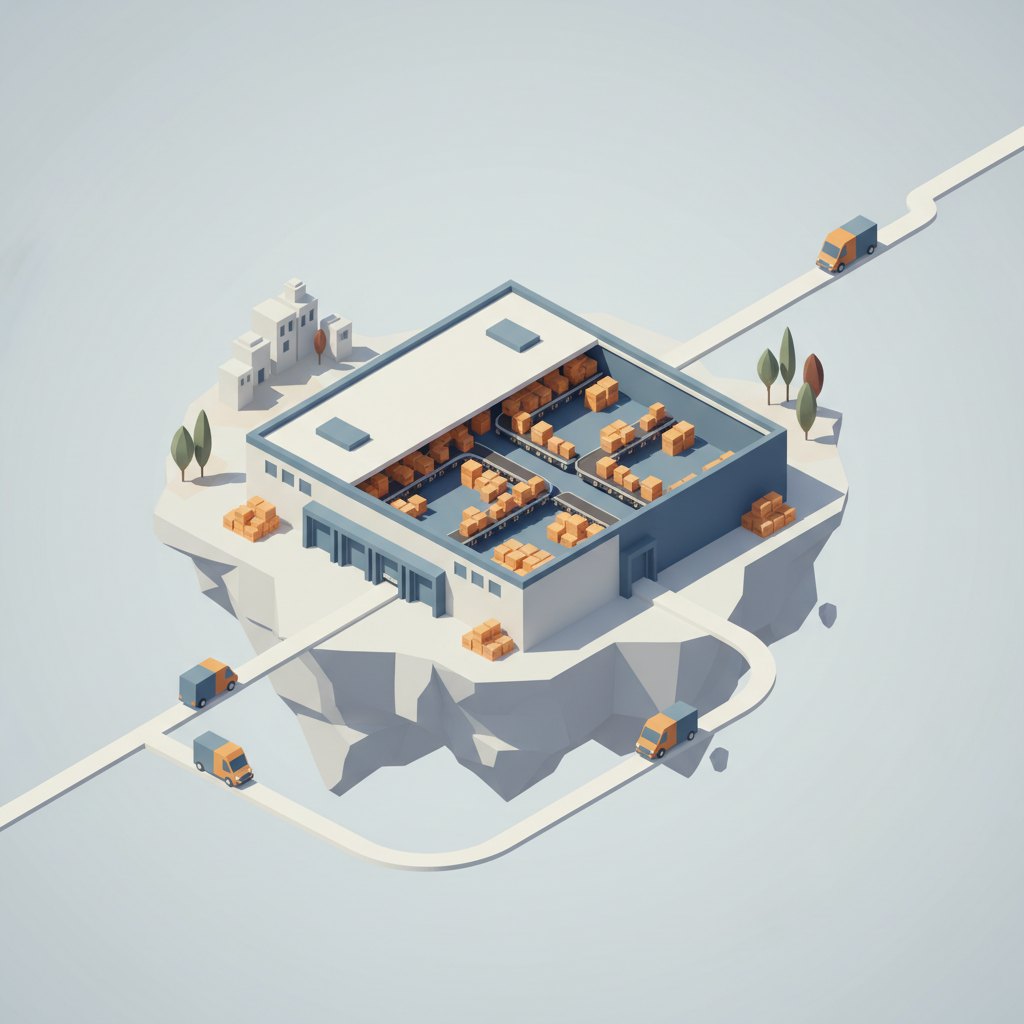 Ilustração de onde fica o centro logístico da Shopee em Vila Velha: galpão de triagem e rotas de entrega