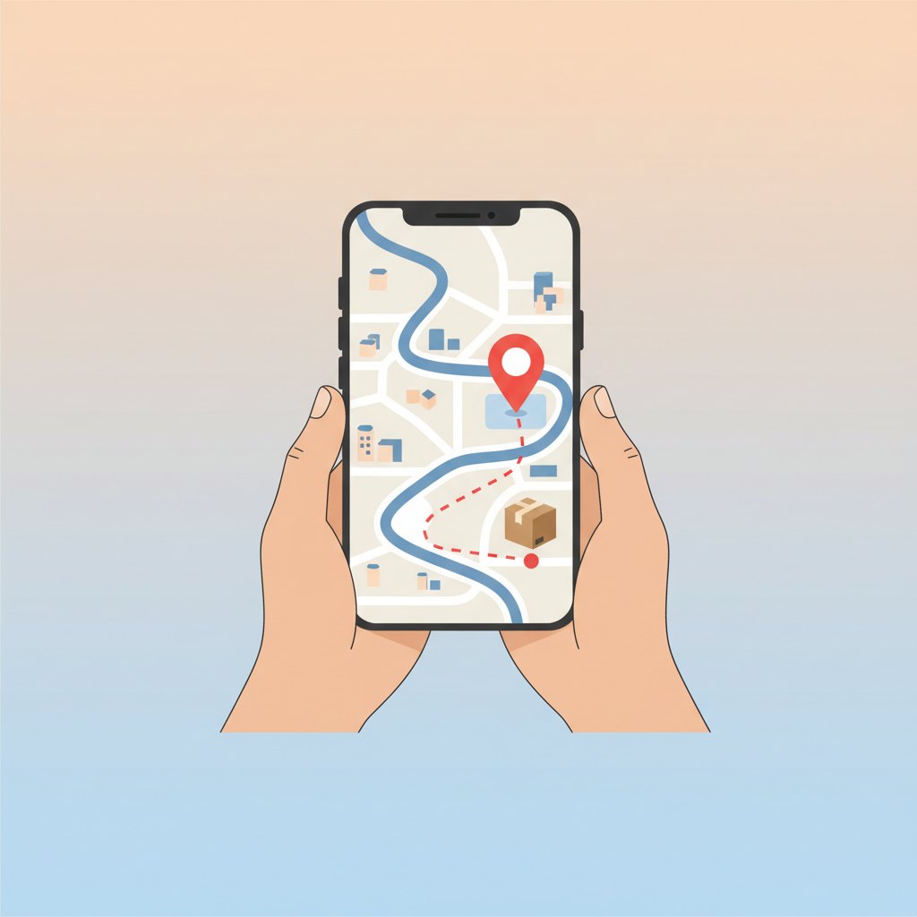 Uma pessoa olhando para a tela de um celular que mostra um mapa com um ícone de pacote, ilustrando como descobrir o entregador da Shopee.