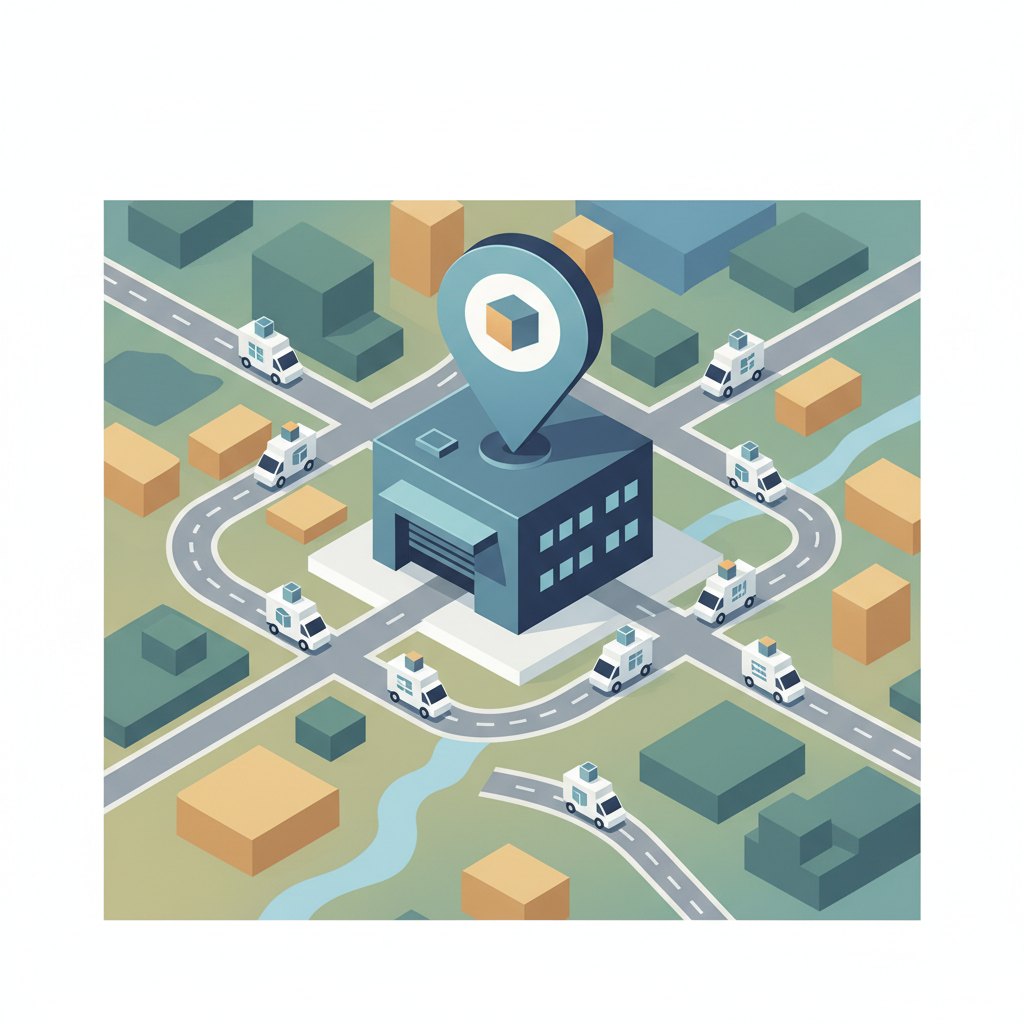 Ilustração mostrando um mapa de Ananindeua com um pino de localização sobre o centro logístico da Shopee e pacotes sendo distribuídos.