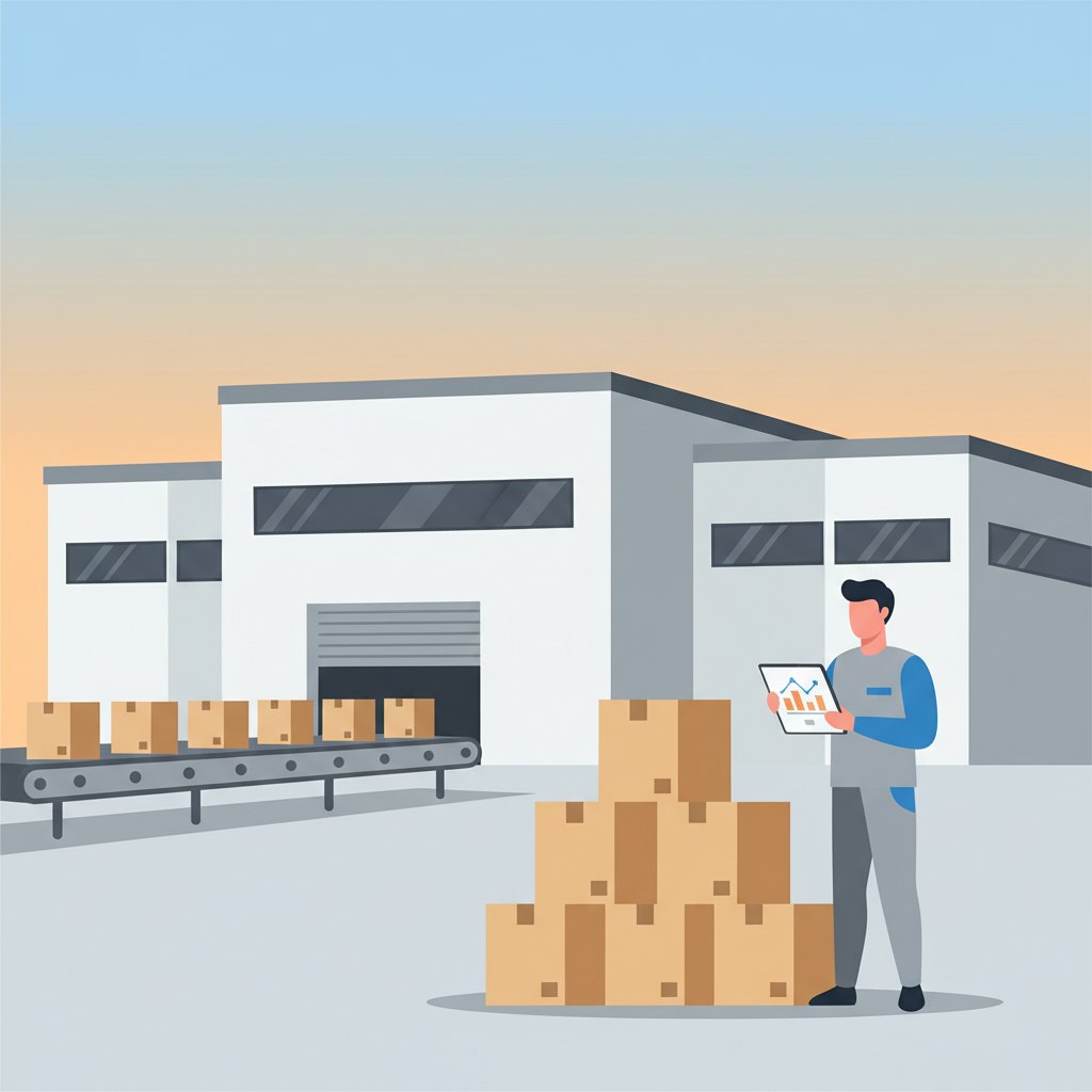 Ilustração de um galpão de centro logístico com caixas e uma pessoa operando um tablet, representando o centro logístico da Shopee em Juazeiro, Bahia.