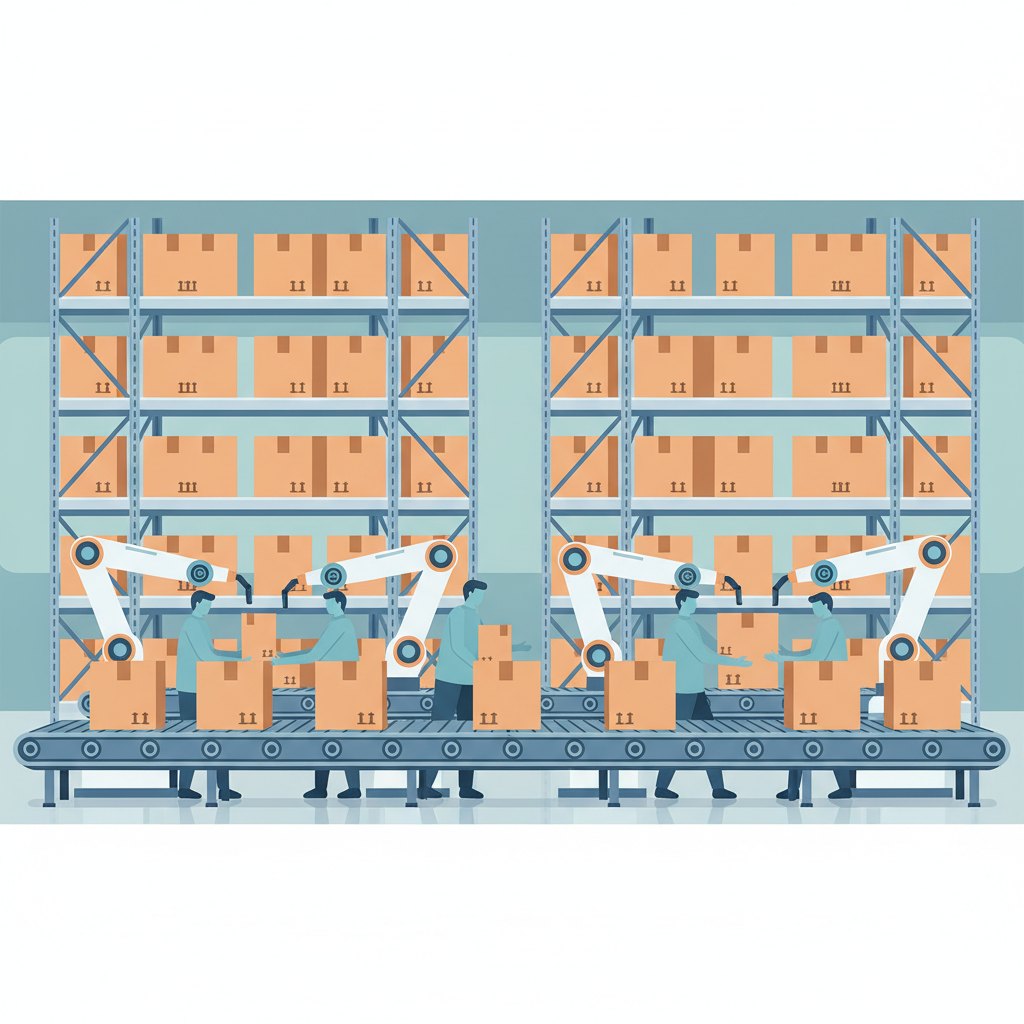 Ilustração de um grande galpão de centro logístico com caixas sendo organizadas por robôs e pessoas, representando a eficiência da Shopee.