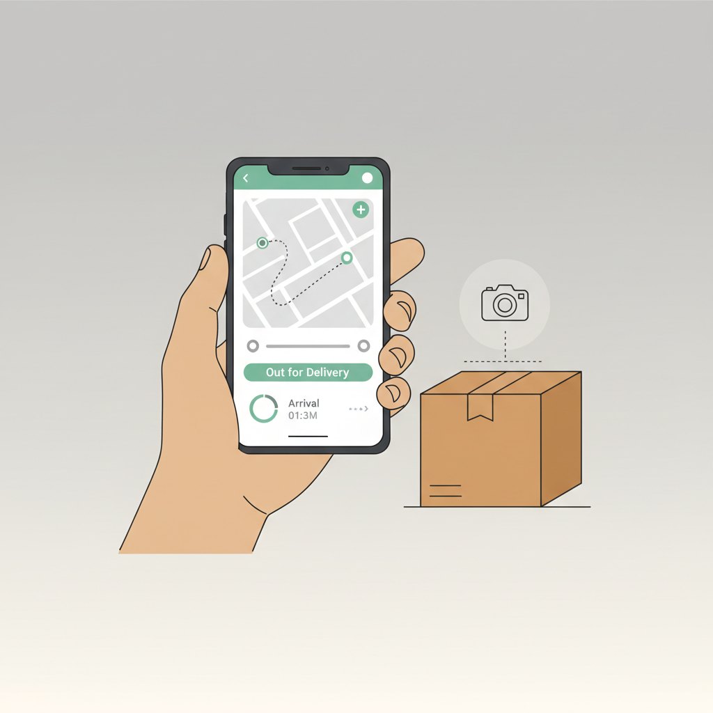 Uma ilustração mostrando uma mão segurando um celular com a tela de rastreamento de um pedido, e ao lado, uma caixa de entrega com um ícone de câmera.