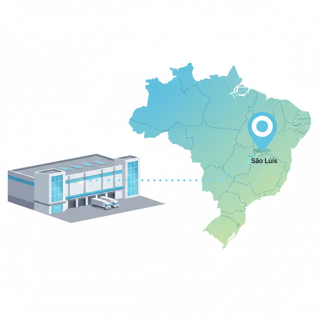Ilustração de um galpão de centro logístico com uma seta apontando para um mapa do Maranhão, destacando a cidade de São Luís.