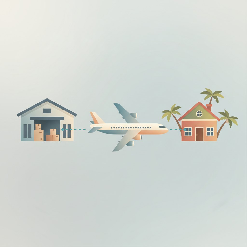 Uma ilustração mostrando o trajeto de um pacote da Shopee, partindo de um armazém em Shenzhen, na China, passando por um avião e chegando a uma casa no Brasil, ilustrando o tempo de entrega.