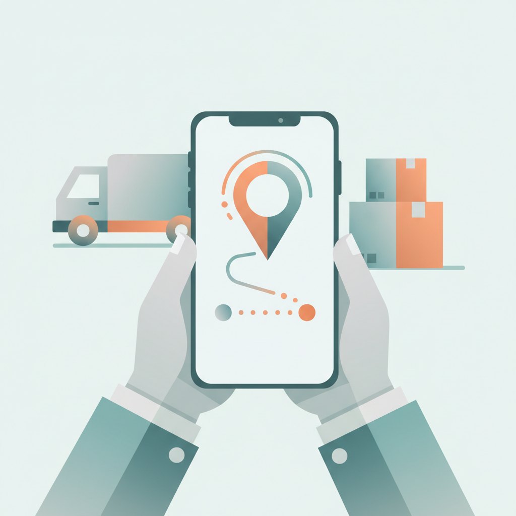 Ilustração mostrando uma pessoa alterando o endereço de entrega de um pacote em um celular, com ícones de localização e caixas de papelão ao fundo.