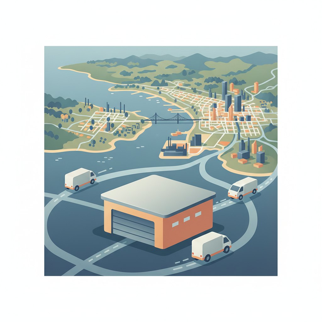 Ilustração mostrando um mapa de Natal, RN, com um ícone de galpão e caixas sendo distribuídas por vans.