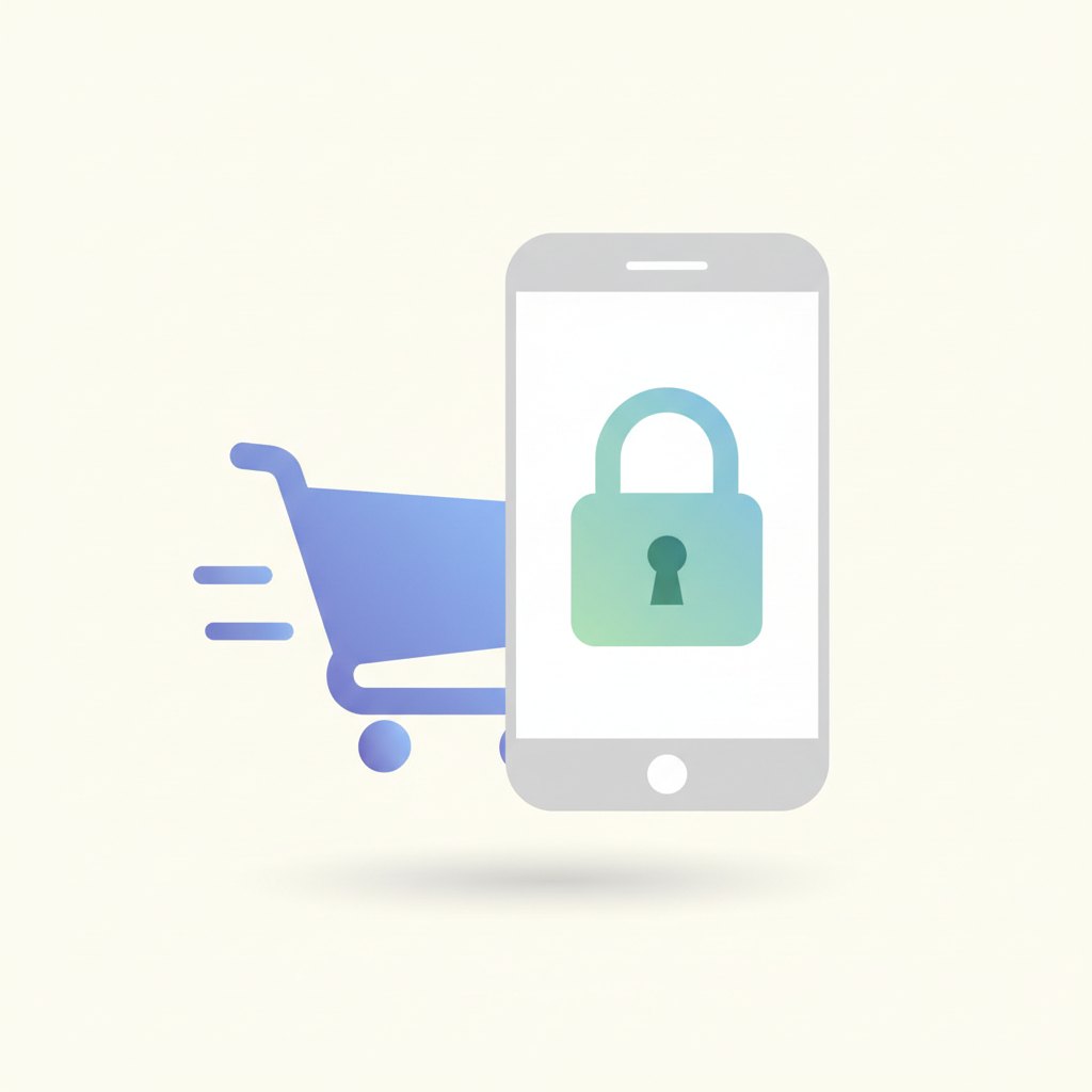 Uma ilustração mostrando um carrinho de compras ao lado de um smartphone com um ícone de cadeado na tela, simbolizando uma compra segura na Shopee sem usar um número de telefone.