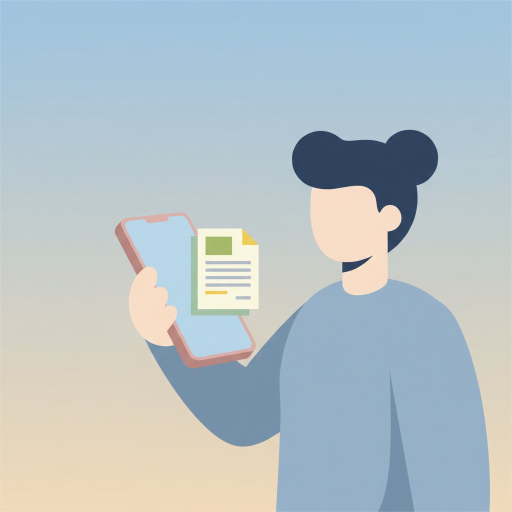 Uma ilustração mostrando uma pessoa em seu smartphone, com um ícone de documento fiscal (nota fiscal) saindo da tela.