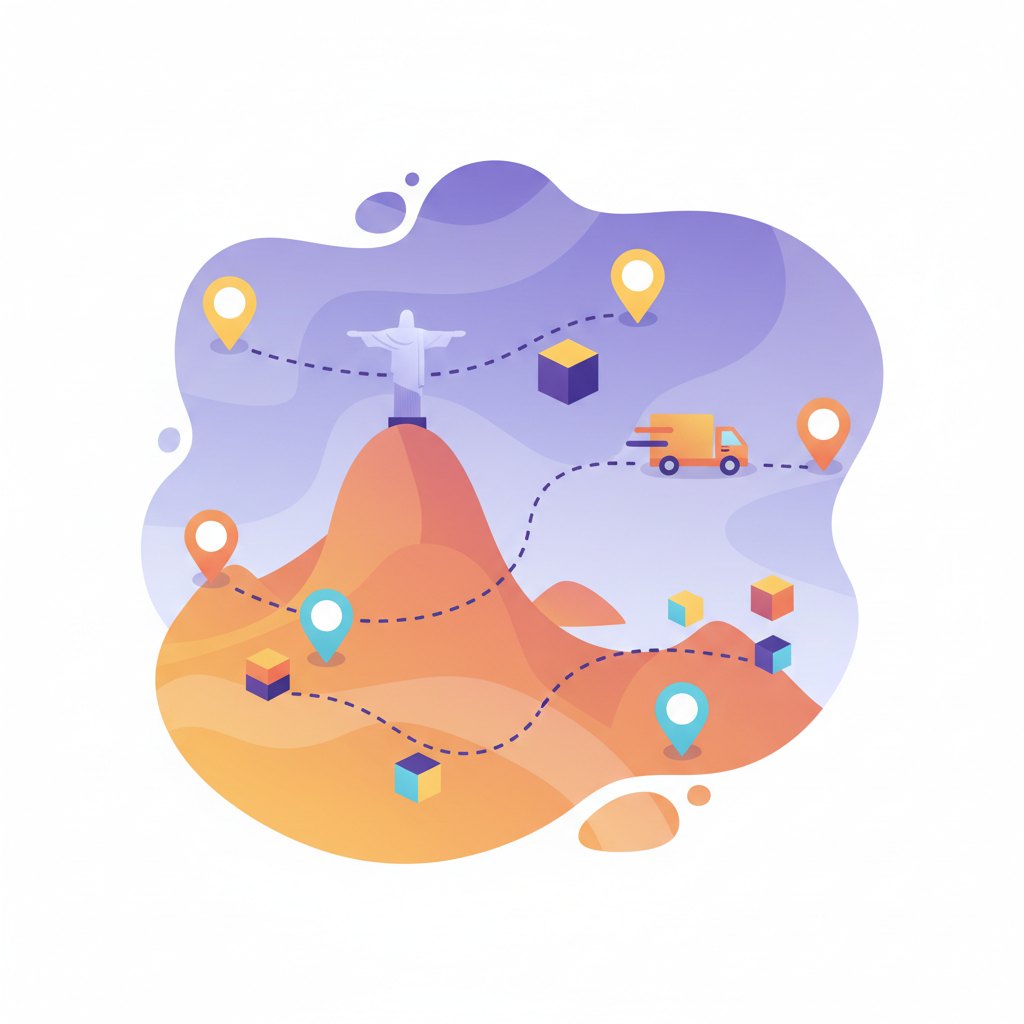 Ilustração de um mapa do Rio de Janeiro com ícones de caixas e um caminhão de entrega em uma rota otimizada.