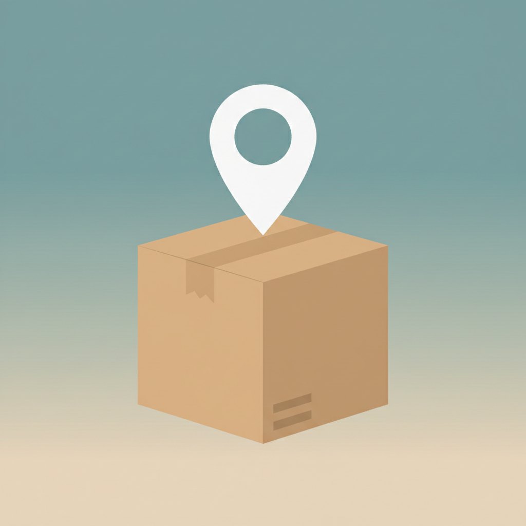 Ilustração de uma caixa de papelão com um ícone de mapa de localização sobre ela, simbolizando um centro logístico.