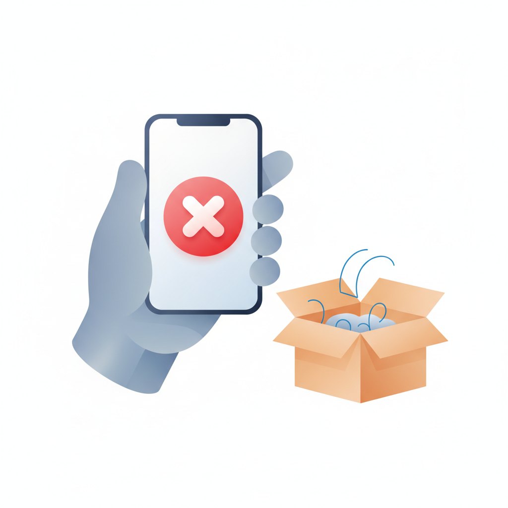 Ilustração de uma mão cancelando um pedido em um smartphone, com um pacote sendo preparado ao lado.