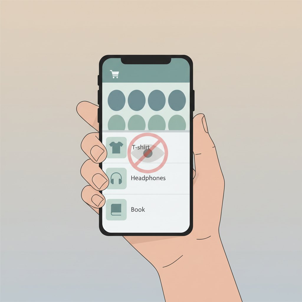 Uma pessoa usando um smartphone com o aplicativo da Shopee aberto, e um ícone de olho riscado sobre um pacote, ilustrando como ocultar uma compra no Shopee.